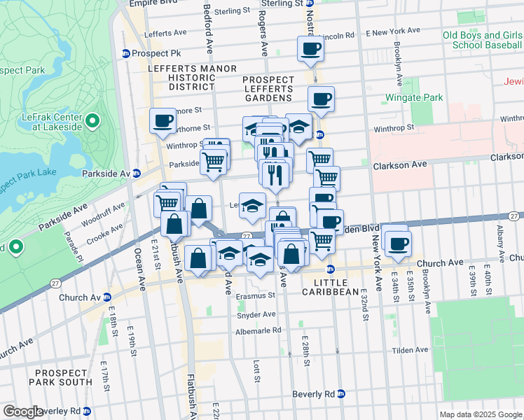 map of restaurants, bars, coffee shops, grocery stores, and more near 135 Linden Boulevard in Brooklyn
