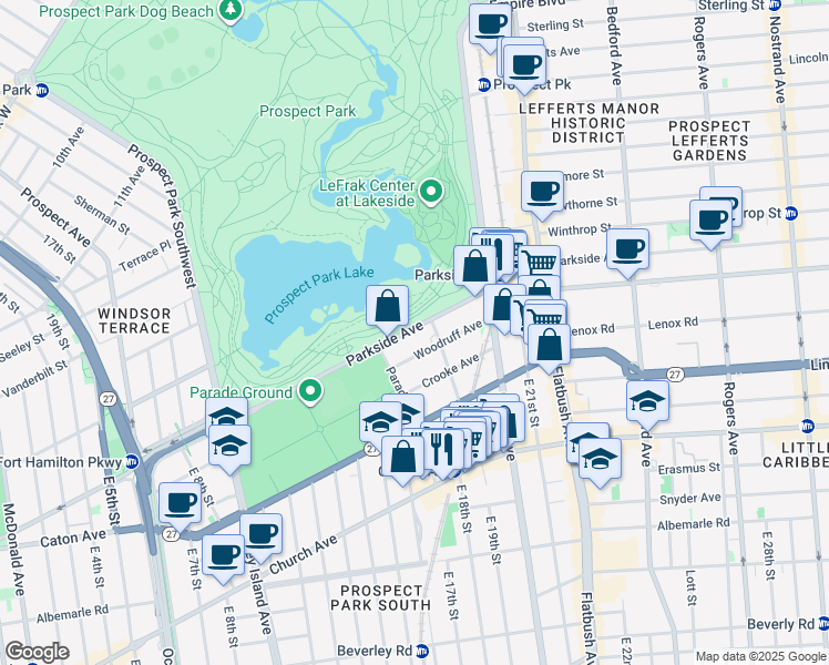 map of restaurants, bars, coffee shops, grocery stores, and more near 25 Woodruff Avenue in Brooklyn