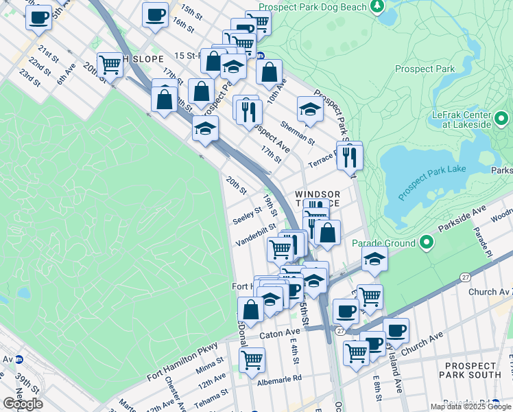 map of restaurants, bars, coffee shops, grocery stores, and more near 42 Seeley Street in Brooklyn