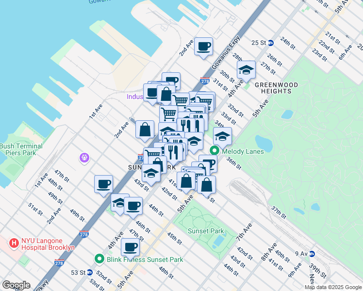 map of restaurants, bars, coffee shops, grocery stores, and more near 410 39th Street in Brooklyn