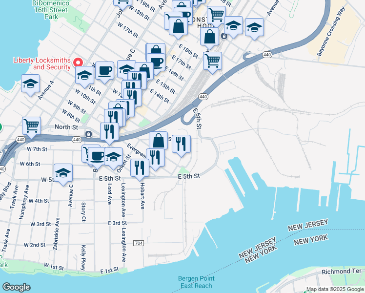 map of restaurants, bars, coffee shops, grocery stores, and more near 111 Linnet Street in Bayonne