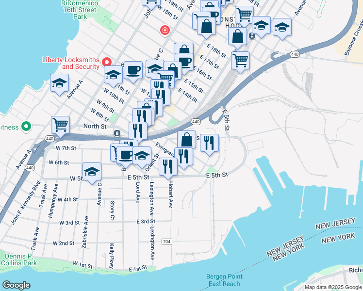 map of restaurants, bars, coffee shops, grocery stores, and more near 184 Hobart Avenue in Bayonne