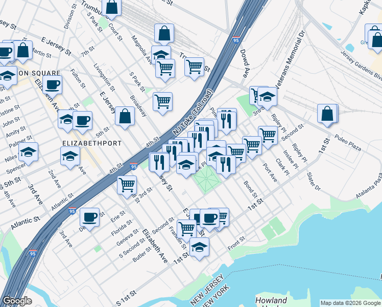 map of restaurants, bars, coffee shops, grocery stores, and more near 152 Park Place in Elizabeth