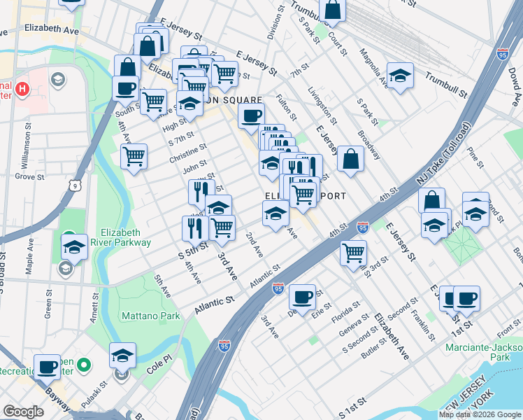 map of restaurants, bars, coffee shops, grocery stores, and more near 27 South 5th Street in Elizabeth