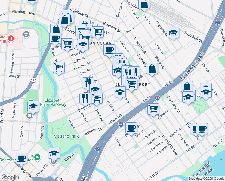 map of restaurants, bars, coffee shops, grocery stores, and more near 27 South 5th Street in Elizabeth