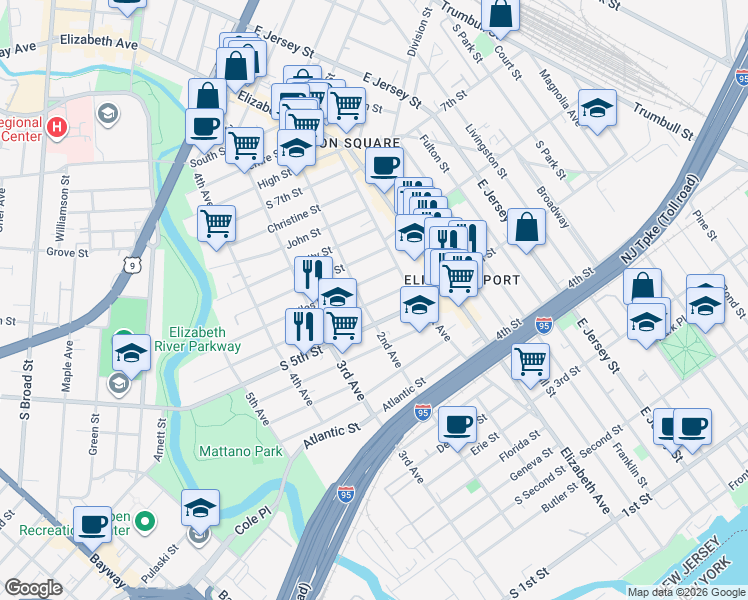 map of restaurants, bars, coffee shops, grocery stores, and more near 27 South 5th Street in Elizabeth