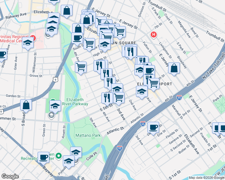 map of restaurants, bars, coffee shops, grocery stores, and more near 523 3rd Avenue in Elizabeth