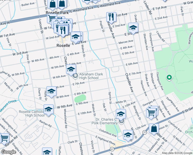 map of restaurants, bars, coffee shops, grocery stores, and more near 222 East 7th Avenue in Roselle