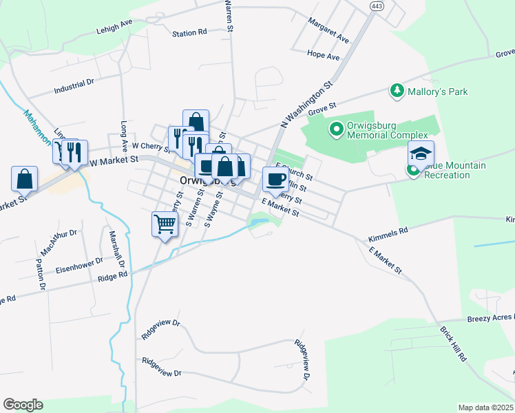 map of restaurants, bars, coffee shops, grocery stores, and more near 128 South Washington Street in Orwigsburg