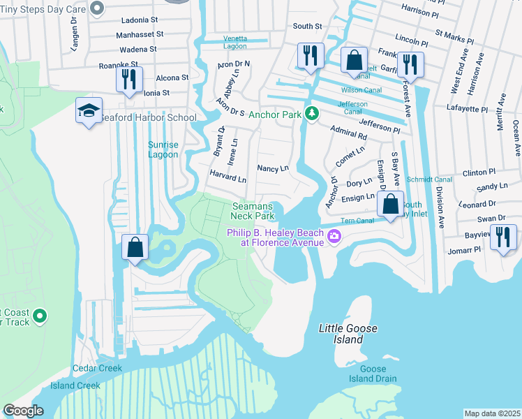 map of restaurants, bars, coffee shops, grocery stores, and more near 40 Crescent Cove Circle in Seaford