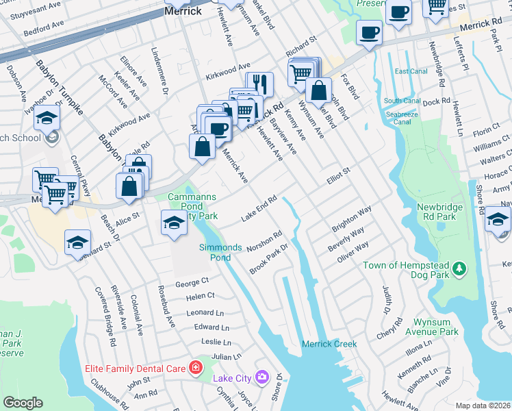 map of restaurants, bars, coffee shops, grocery stores, and more near 318 Merrick Avenue in Merrick