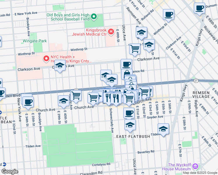 map of restaurants, bars, coffee shops, grocery stores, and more near Linden Blvd & Schenectady Ave in Brooklyn