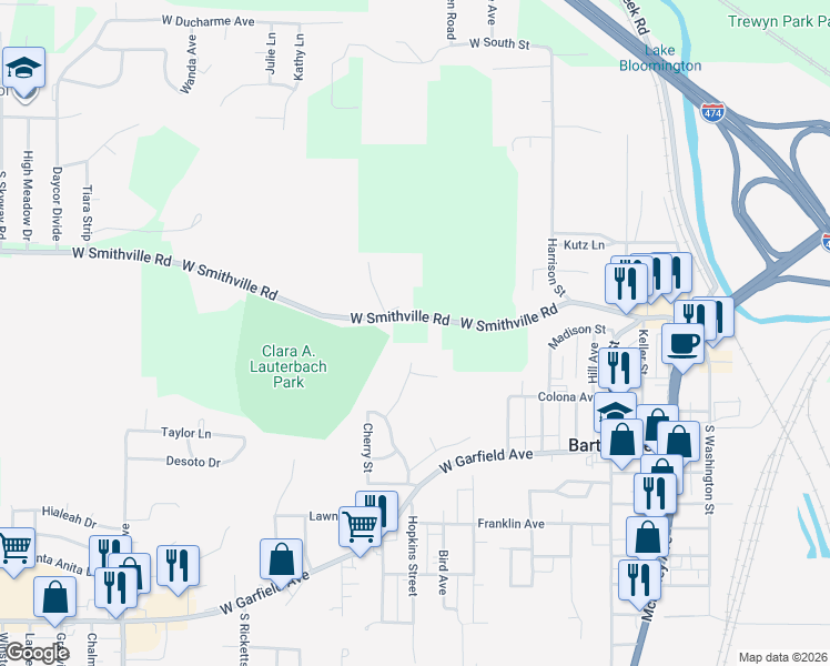 map of restaurants, bars, coffee shops, grocery stores, and more near 3 Foster Court in Bartonville