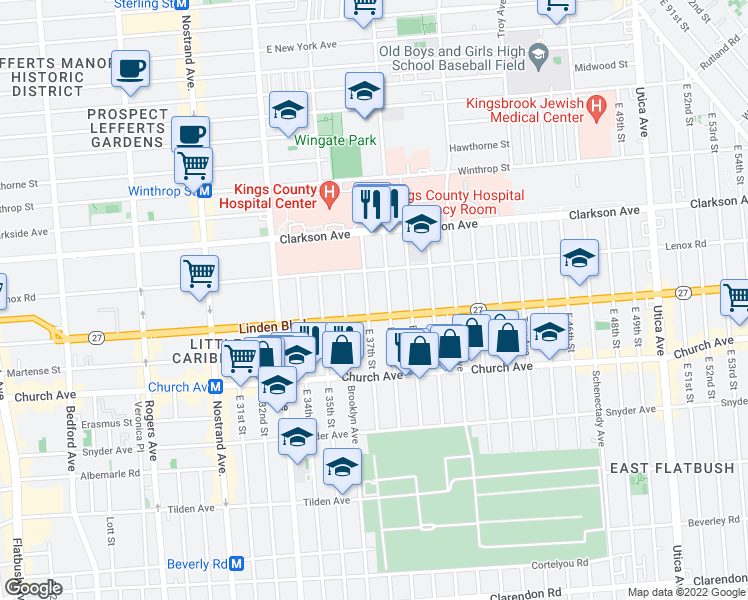 map of restaurants, bars, coffee shops, grocery stores, and more near 446 Linden Boulevard in Brooklyn