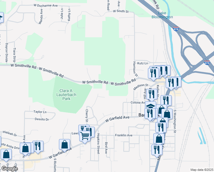 map of restaurants, bars, coffee shops, grocery stores, and more near 4100 West Smithville Road in Bartonville