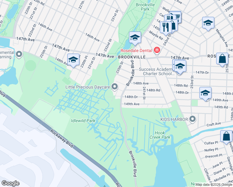 map of restaurants, bars, coffee shops, grocery stores, and more near 23614 148th Drive in Queens