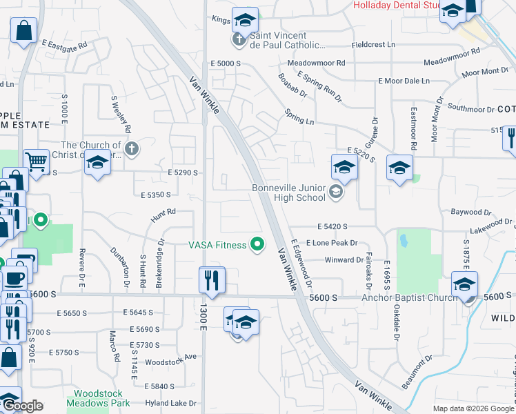 map of restaurants, bars, coffee shops, grocery stores, and more near 5427 South 1410 East in Millcreek