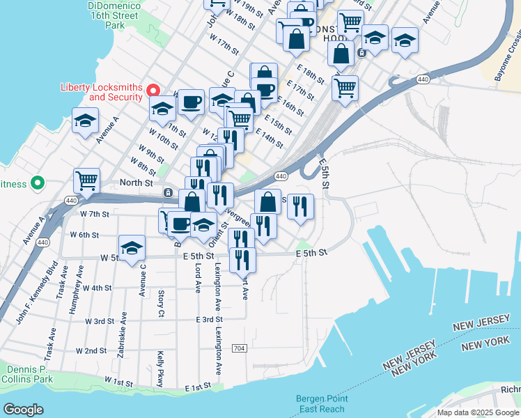 map of restaurants, bars, coffee shops, grocery stores, and more near 184 Hobart Avenue in Bayonne