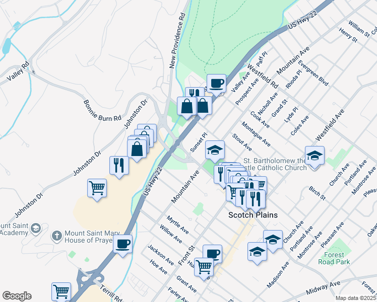 map of restaurants, bars, coffee shops, grocery stores, and more near 245 Park Avenue in Scotch Plains