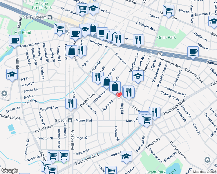map of restaurants, bars, coffee shops, grocery stores, and more near 7 Miriam Street in Valley Stream