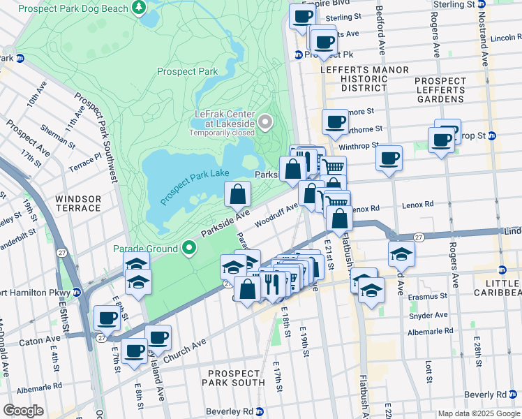 map of restaurants, bars, coffee shops, grocery stores, and more near 123 Parkside Avenue in Brooklyn