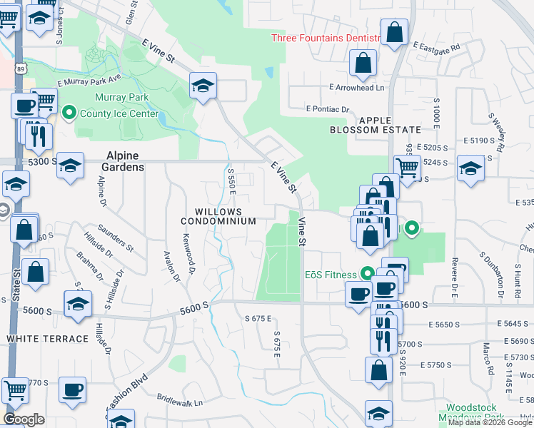 map of restaurants, bars, coffee shops, grocery stores, and more near 619 East 5400 South in Murray