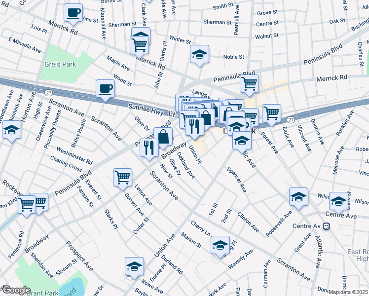 map of restaurants, bars, coffee shops, grocery stores, and more near 20 Oakland Avenue in Lynbrook