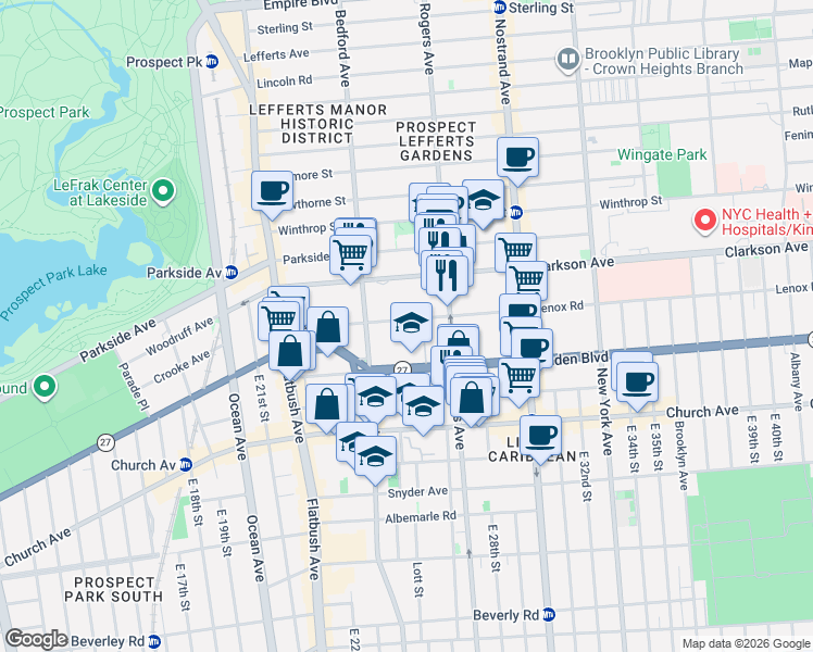 map of restaurants, bars, coffee shops, grocery stores, and more near 150 Lenox Road in Brooklyn
