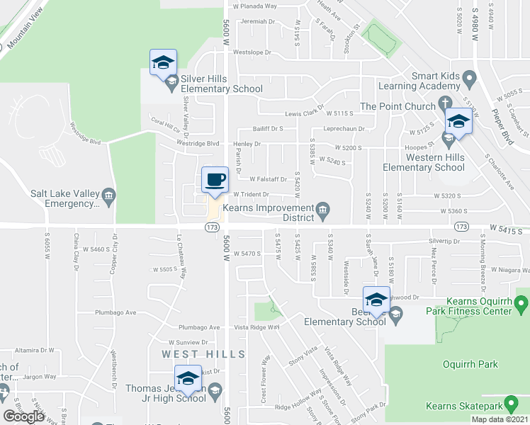 map of restaurants, bars, coffee shops, grocery stores, and more near 5364 South 5495 West in Kearns