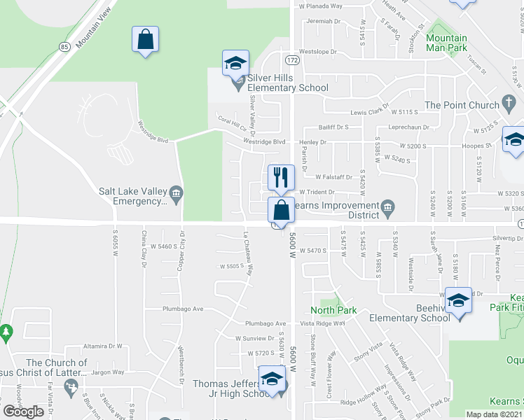 map of restaurants, bars, coffee shops, grocery stores, and more near 5678 West Pelican Ridge Lane in West Valley City