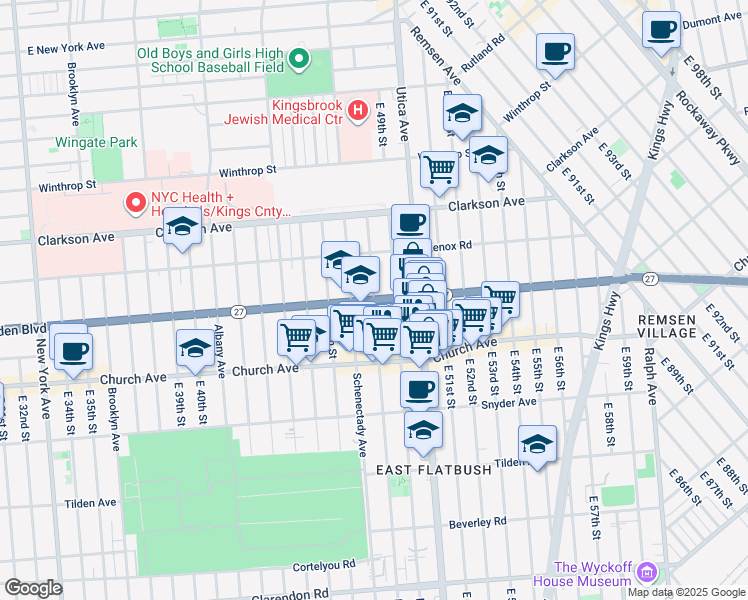 map of restaurants, bars, coffee shops, grocery stores, and more near Linden Blvd & E 48th St in Brooklyn