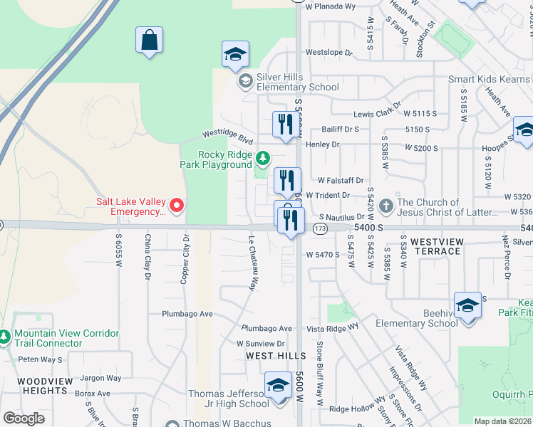 map of restaurants, bars, coffee shops, grocery stores, and more near 5680 West Pelican Ridge Lane in West Valley City