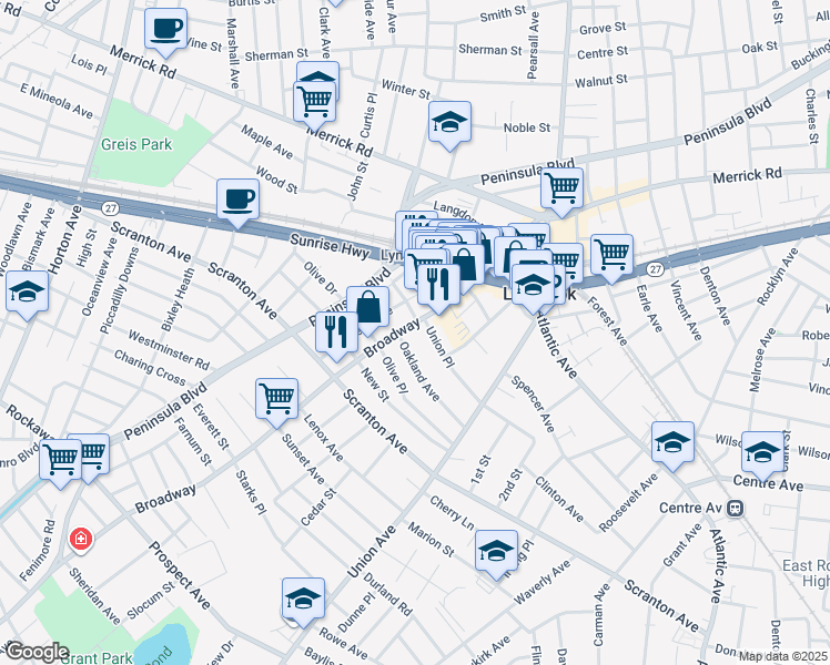 map of restaurants, bars, coffee shops, grocery stores, and more near 140 Broadway in Lynbrook