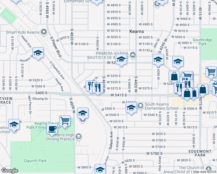 map of restaurants, bars, coffee shops, grocery stores, and more near 4594 West 5415 South in Kearns