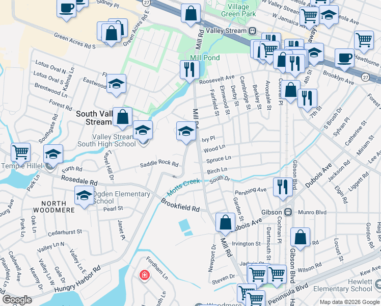 map of restaurants, bars, coffee shops, grocery stores, and more near 69 Hungry Harbor Road in Valley Stream