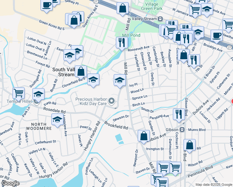 map of restaurants, bars, coffee shops, grocery stores, and more near 69 Hungry Harbor Road in Valley Stream