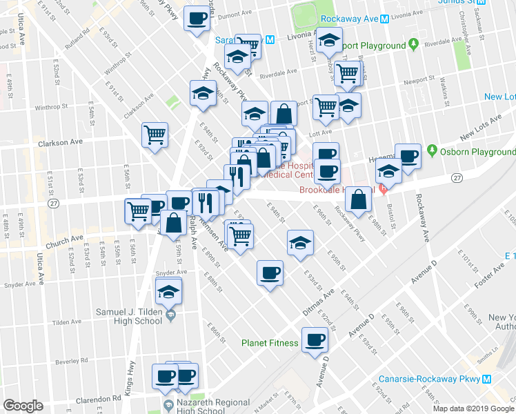 map of restaurants, bars, coffee shops, grocery stores, and more near 580 East 93rd Street in Brooklyn