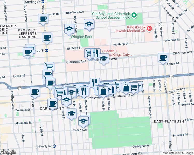 map of restaurants, bars, coffee shops, grocery stores, and more near 446 Linden Boulevard in Brooklyn