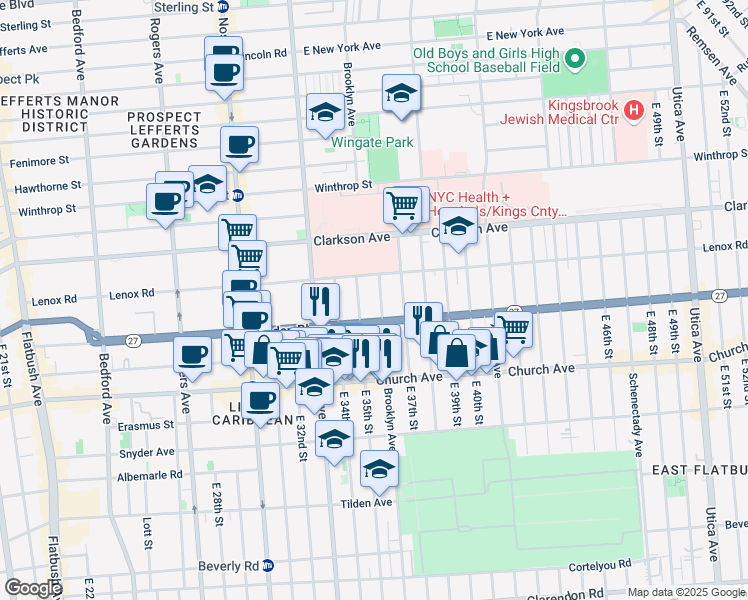 map of restaurants, bars, coffee shops, grocery stores, and more near 411 Linden Boulevard in Brooklyn