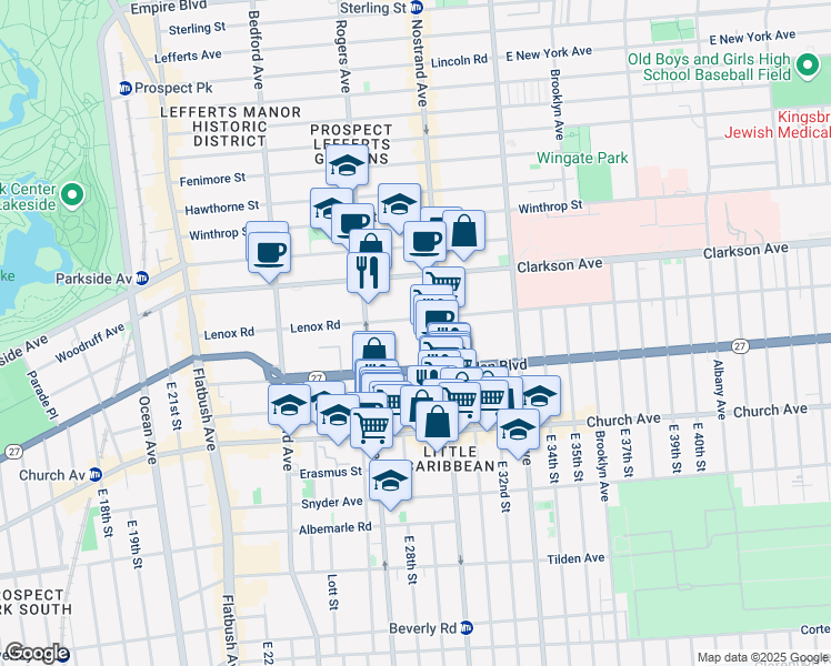 map of restaurants, bars, coffee shops, grocery stores, and more near 199 Linden Boulevard in Brooklyn