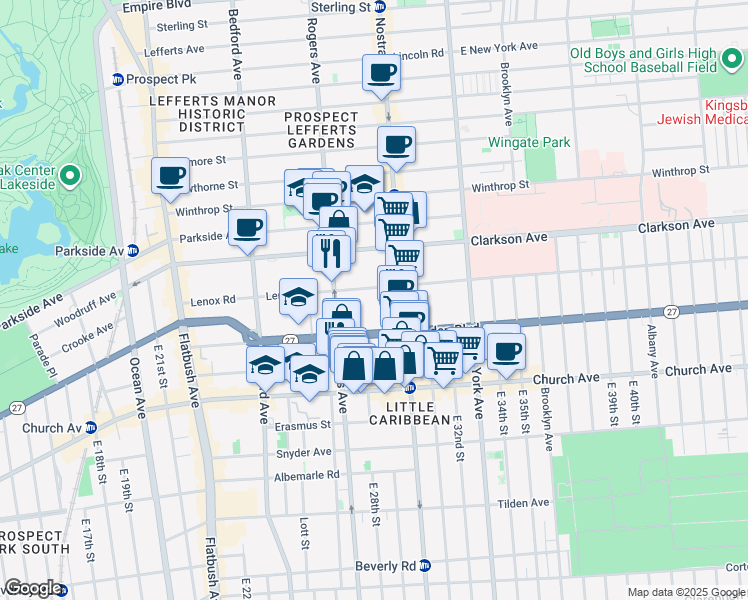 map of restaurants, bars, coffee shops, grocery stores, and more near 199 Linden Boulevard in Brooklyn