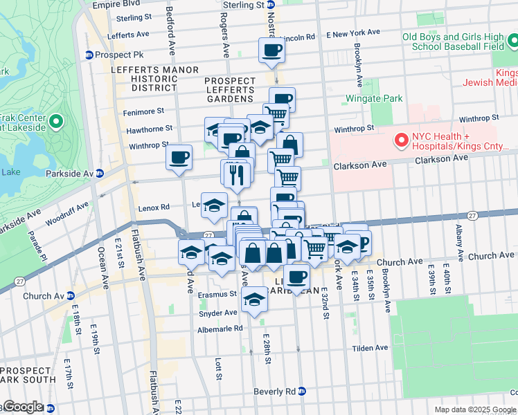 map of restaurants, bars, coffee shops, grocery stores, and more near 199 Linden Boulevard in Brooklyn