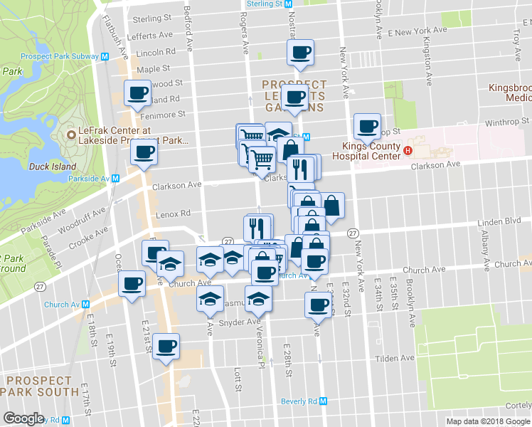 map of restaurants, bars, coffee shops, grocery stores, and more near 760 Rogers Avenue in Brooklyn