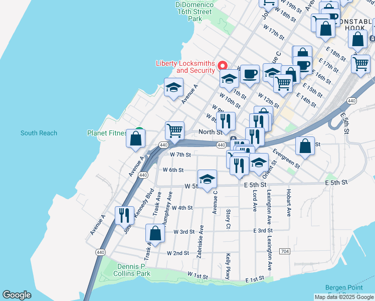 map of restaurants, bars, coffee shops, grocery stores, and more near 110 West 7th Street in Bayonne