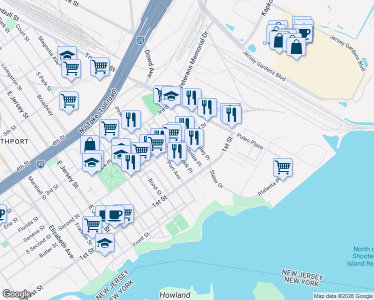 map of restaurants, bars, coffee shops, grocery stores, and more near 124-128 Inslee Place in Elizabeth