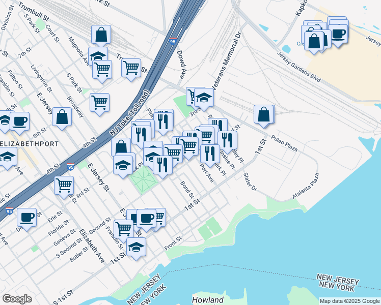 map of restaurants, bars, coffee shops, grocery stores, and more near 233 Second Street in Elizabeth