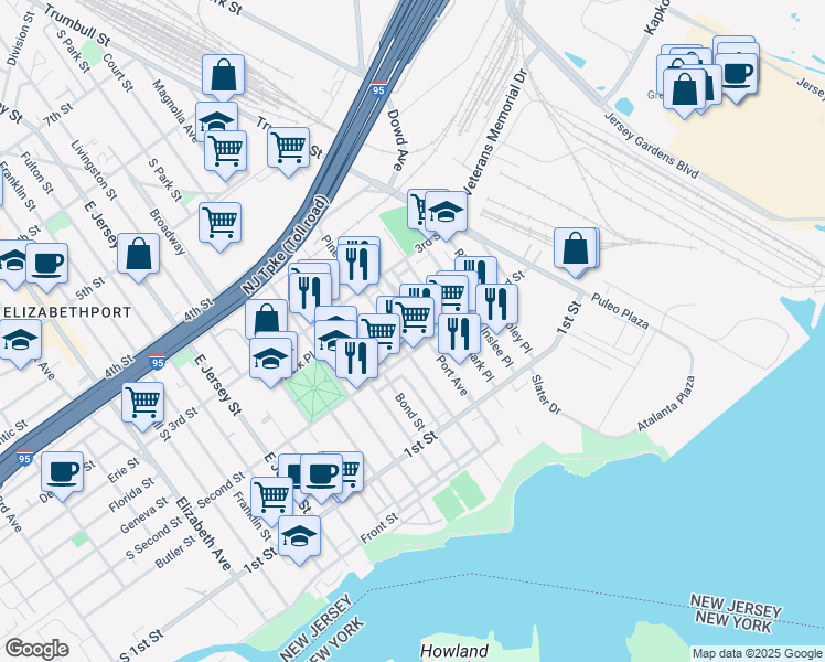 map of restaurants, bars, coffee shops, grocery stores, and more near 233 Second Street in Elizabeth