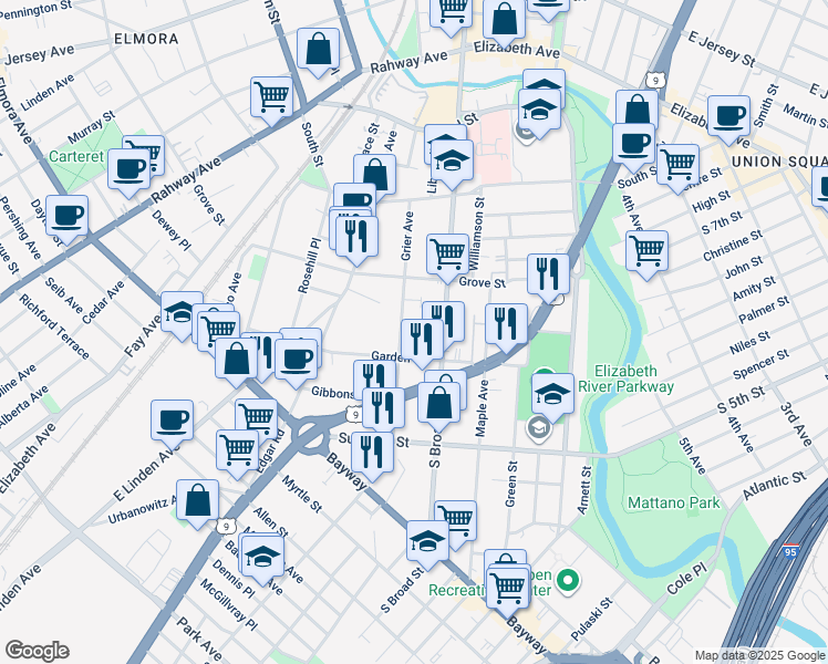 map of restaurants, bars, coffee shops, grocery stores, and more near 721-723 Garden Street in Elizabeth