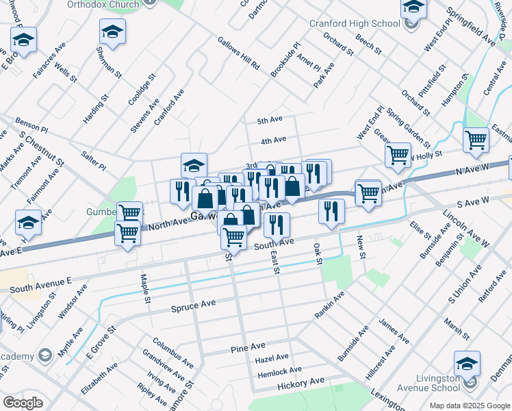 map of restaurants, bars, coffee shops, grocery stores, and more near 315 New Jersey 28 in Garwood