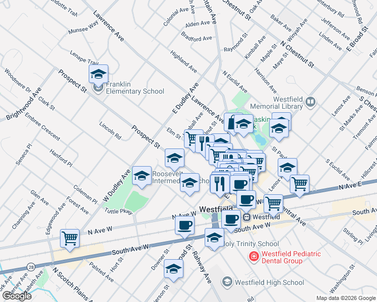 map of restaurants, bars, coffee shops, grocery stores, and more near in Westfield